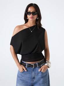 LYSMO 2026 New Arrive Minimalism Spring/Summer Women's Solid Color Asymmetric Neck Casual Versatile Daily Wear Top - Navy Blue - View 6