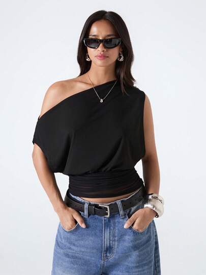 LYSMO Áo nữ màu trơn cổ lệch, kiểu dáng thường ngày đa năng, thích hợp mặc hàng ngày.