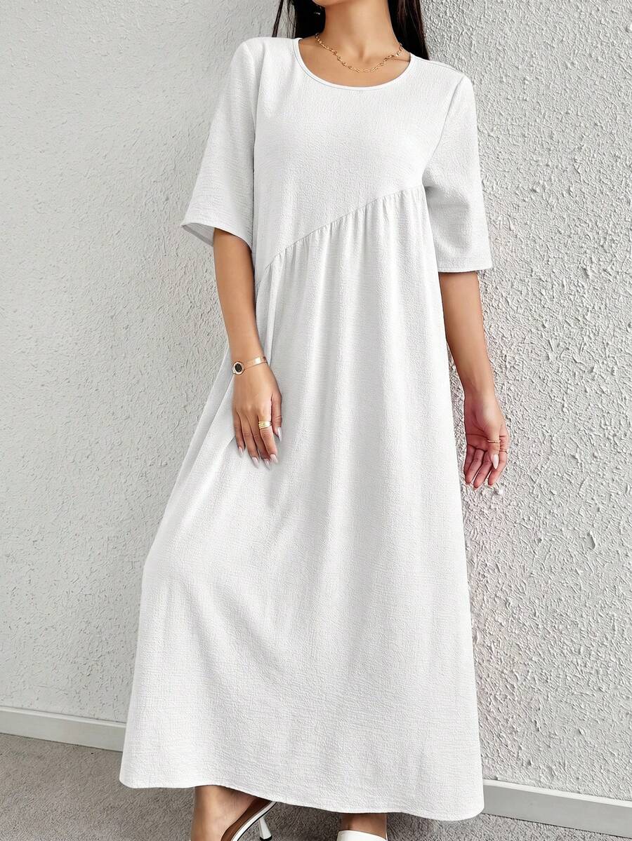 Solavon 女士纯色圆领休闲宽松短袖连衣裙 - 白色 - 查看 1