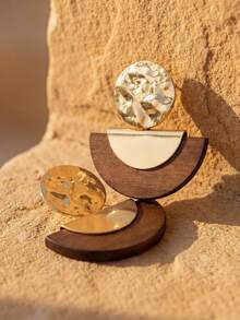Swim Chiccia 1 Pair Bohemian Women Retro Elegant Hammered Metal Round & Semi-Circle Wood Earrings, Fashionable Accessories For Spring/Summer And All Year Round - Earring - View 9