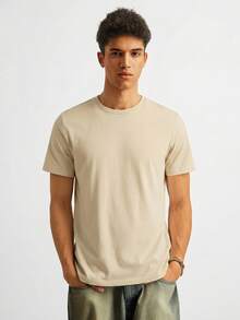 SWAVVY Men's Letter Print Round Neck Casual Knit Short Sleeve T-Shirt - Khaki - View 2