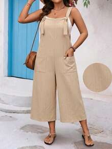 Breezaya Jumpsuit Kasual Ukuran Besar Warna Polos dengan Dua Saku, Cocok untuk Liburan Formal, Warna Khaki, Musim Panas - Khaki - View 1