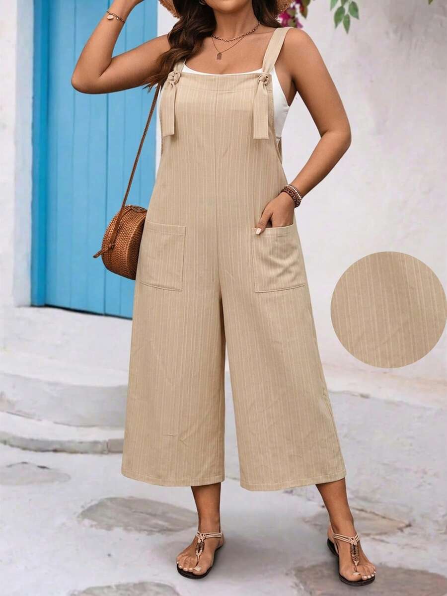 Breezaya Jumpsuit Kasual Ukuran Besar Warna Polos dengan Dua Saku, Cocok untuk Liburan Formal, Warna Khaki, Musim Panas - Khaki - View 1