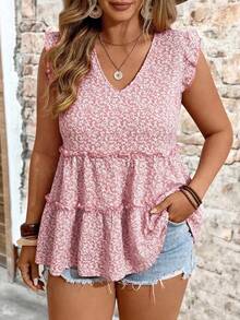 EMERY ROSE Blusa elegante de talla grande tejida con estampado floral, cuello en V, mangas volantes y ribete con volantes, adecuada para vacaciones, exteriores, uso diario, primavera/verano - Rosa - Ver 1