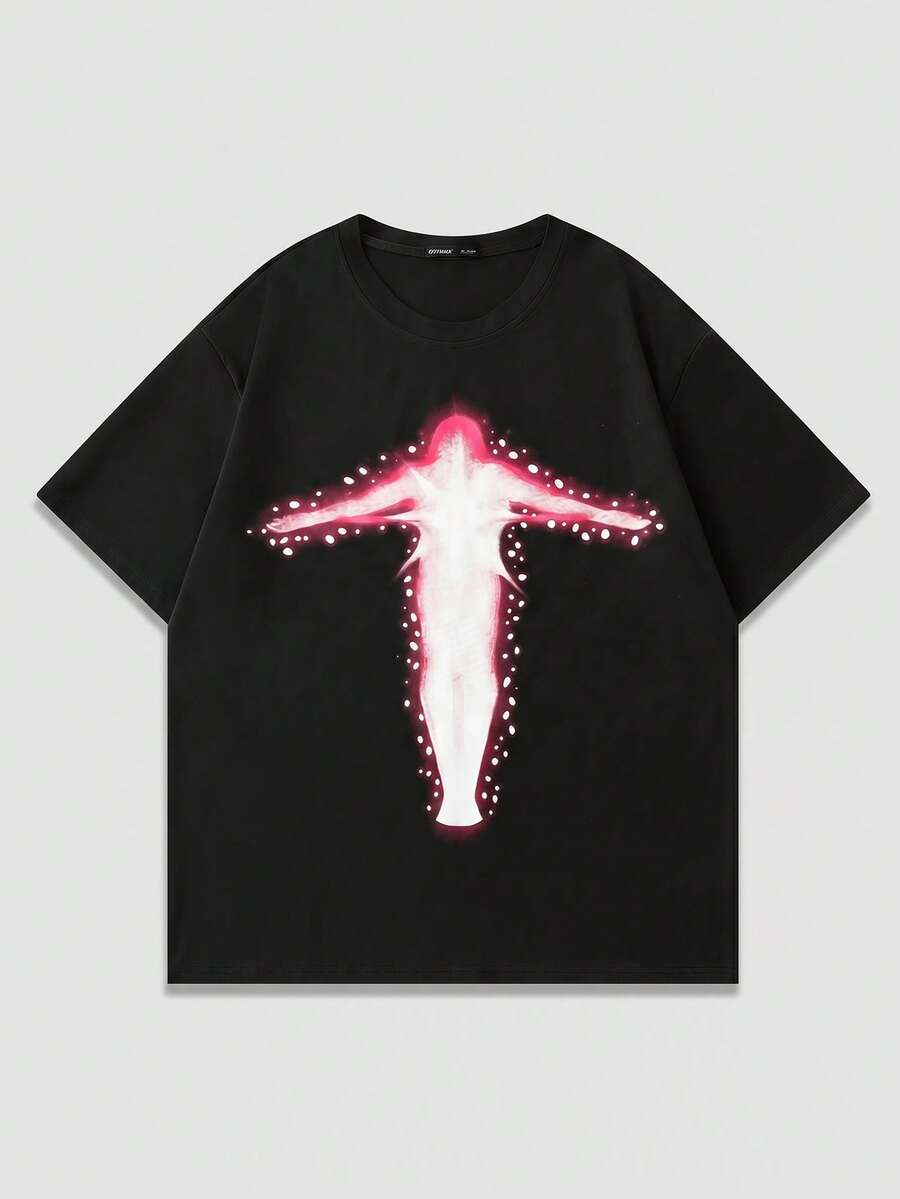 ROMWE MEN Street Life Men's Vintage Street Silhouette Thermal Imaging Figure Print Short Sleeve T-Shirt, Summer - Black - View 1