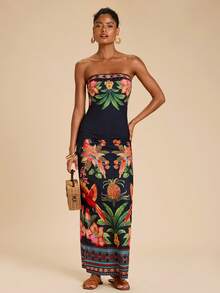 Travachic Women's Tropical Print Strapless Dress, Summer Vacation - Black - View 5
