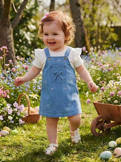 SHEIN Vintaside Kids 女婴白色荷叶边T恤上衣和背带裤套装，饰有蝴蝶刺绣，采用轻盈柔软的棉质牛仔布制成，时尚必备单品，适合春夏穿着，休闲、拍照、外出、派对等场合皆宜，2026新款上市。