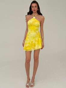 Aloruh Abito mini da donna con stampa floreale e collo a canottiera, stile vacanziero - Giallo chiaro - Visualizzare 4