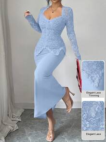 Modelyn Square Neck Lace Patchwork Button Waist Fitted Plus Size Dress For Women Fall - Blue - View 1