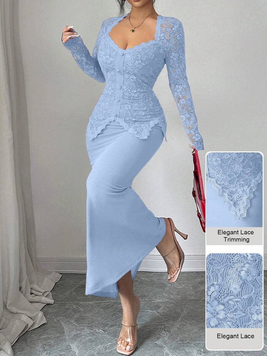 Modelyn Square Neck Lace Patchwork Button Waist Fitted Plus Size Dress For Women Fall - Blue - View 1