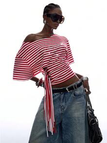 LYSMO Women's Summer Fashion Striped Rhinestone Letter Pattern Asymmetric Neck Tie T-Shirt - Red and White - View 8