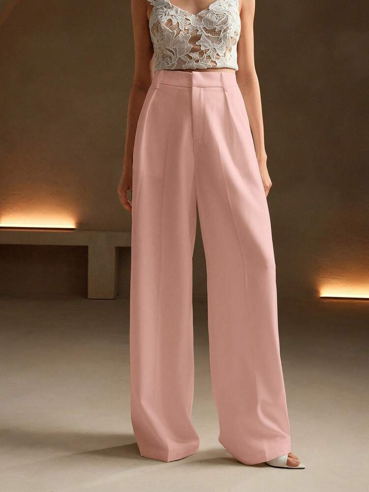 Elegant & Fashionable Design Pleated White Women's Straight Leg Pants With Pockets, Suitable For Petite, Fall, Winter, Summer, Spring, New Year, Party, Wedding, Elegant, Chic, Stylish, Business Casual