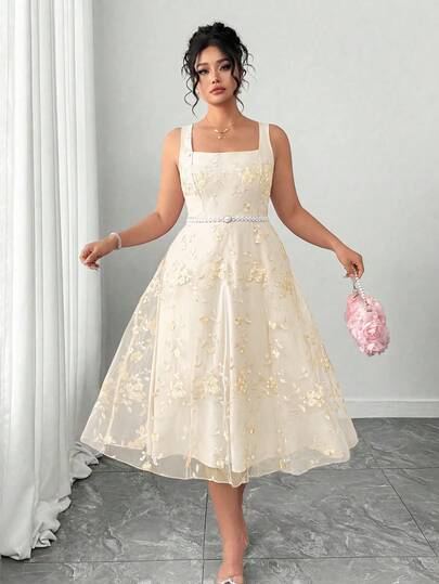 Elenzga Vestido de mujer romántico y elegante sin mangas con cuello cuadrado y bordado floral