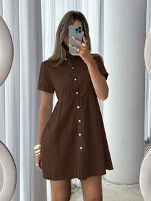 Vestido corto de un solo pecho de unicolor cómodo y casual para mujer - Marrón - Ver 6