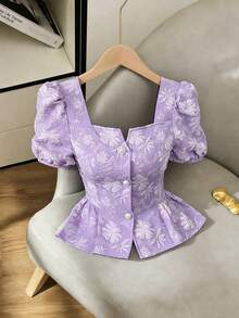 Elenzga Nueva camisa informal con cuello en V y mangas de obispo para mujer, de tela texturizada, diseño con dobladillo con volantes, versátil para ir al trabajo, reuniones y citas - elegante, juvenil y estilizadora - Morado - Ver 1