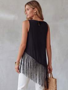 EMERY ROSE Fringe Asymmetrical Hem Tank,Sleeveless Tops - Black - View 2