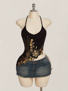 SHEIN ICON Áo quây hở lưng, thêu hoa đính sequin, kiểu dáng thường ngày dành cho nữ, thích hợp mặc mùa hè. - màu đen - Xem 9