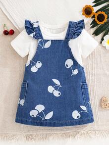 Falda peto de mezclilla lavada con estampado completo de cerezas para niñas pequeñas de moda informal - Azul - Ver 9