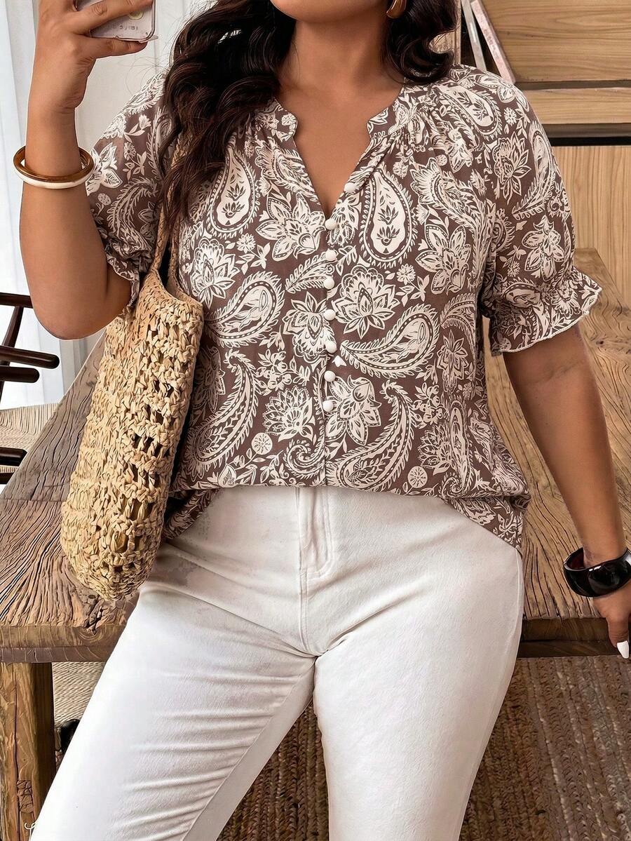 Ceyna Camisa de manga corta con estampado floral minimalista francés casual para mujer de talla grande, verano - Marrón - Ver 1