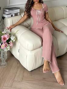 SHEIN INS Casual Colorblock Short Sleeve & Pants Pajama Set For Women - Berwarna merah muda - View 4