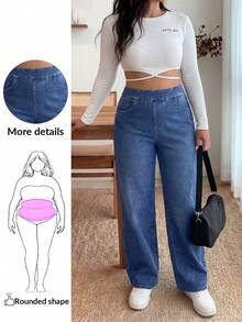 SHEIN Unity Plus Size Casual Washed High Waist Loose Fit Jeans, For Apple Rounded Body Shape - Medium Wash - View 1