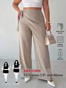 SHEIN Tall CURVE CURVE 大尺碼女款高個子卡其色夏季休閒寬腿長褲，綁帶高腰優雅長褲，適合度假、儀式與派對穿著 - 杏色 - 查看 1