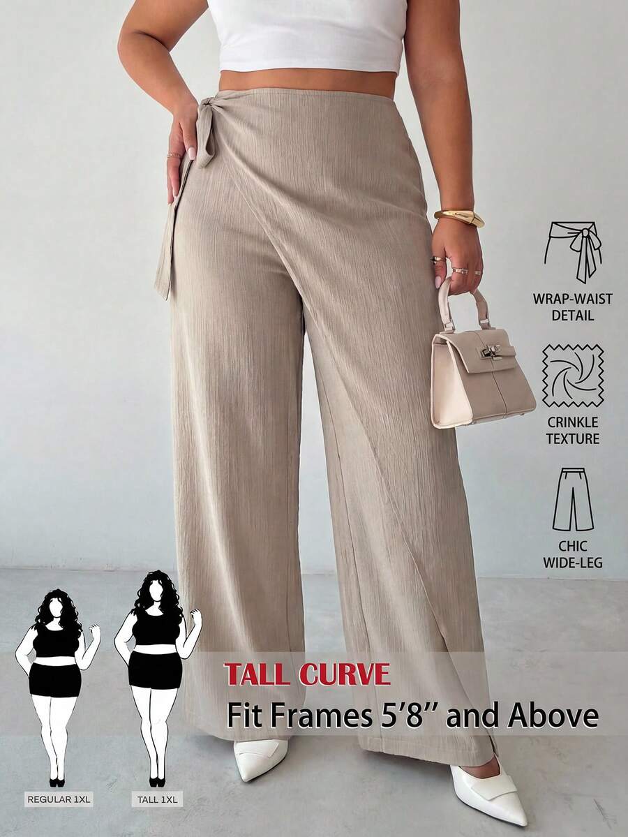 SHEIN Tall CURVE CURVE 大尺碼女款高個子卡其色夏季休閒寬腿長褲,綁帶高腰優雅長褲,適合度假、儀式與派對穿著 - 杏色 - 查看 1