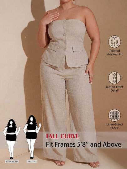 SHEIN Tall CURVE CURVE New Plus Size Women's Tall GirlsElegant Commuter Front Button Camisole Top And Pants Two Pieces Set, Summer,Makes You Look Slimmer , Tall Women Pants,Suitable For Tall Women.High-Waisted Makes You Look Slimmer And Your Legs Longer, Suitable For Tall Women.Suitable For All Seasons And Occasion,Suitable For Tall Girls& Women, Summer Tank Top,Summer Summer Tank Top Summer Outfits Summer Holiday Outfits Long Summer Tank Top For Women Spring Outfit ,Tank Top,Casual Tank Top,High-Waisted Slimming Tank Top For Summer,Elegant Women's Ceremony Pants ,Elegant Pants For Party,Elegant Pants For Ladies,Vacation Outfits Women,Holiday Outfits For Women,Summer Holiday Outfits,Summer Vacation Outfits,Carnival Carnival Costume Carnival Women Look 2026 2026 Carnival Women Carnival Clothes Carnival Costume