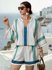 Parysyn 大码女式条纹V领上衣和短裤休闲两件套 - 杏色 - 查看 5