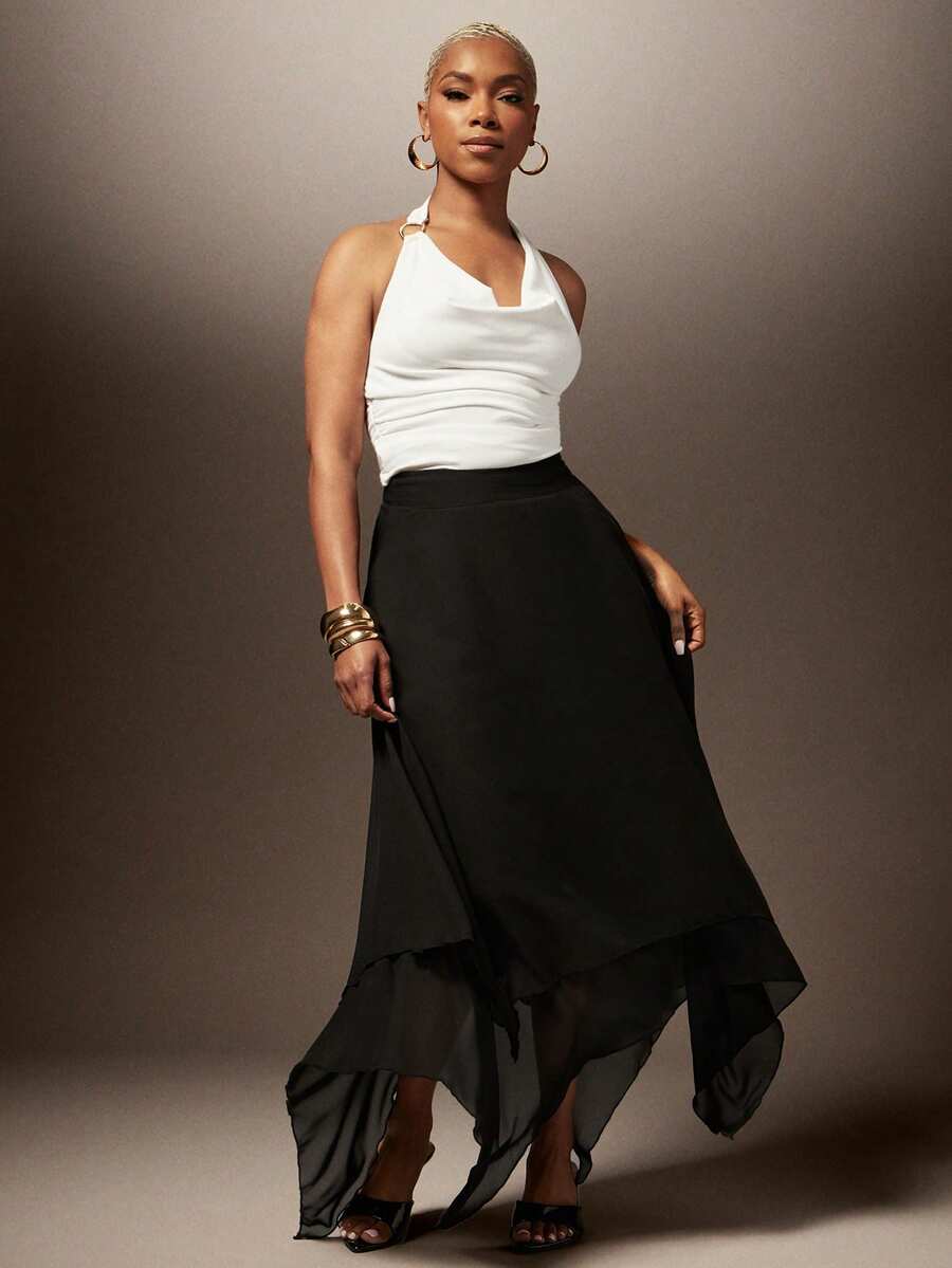 Vixey High Waist Asymmetrical Hem Chiffon Midi Skirt, Business Casual, Workwear, Polished, Tailored, Desk To Dinner, Power Dressing - Black - View 1