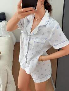 Napfluff 100%纯棉女士睡衣套装，短袖短裤，双层绉纱面料，宽松家居服两件套 - 藍白色 - 查看 5
