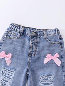Tween Girls Summer New Light Blue Washed Heavy Ripped Bow Decorated Denim Long Pants Loose Straight Leg Sweet Cool Style Versatile Chic Summer Thin Bow Ripped Denim Pants Pink Dimensional Bowknot - Light Wash - View 6
