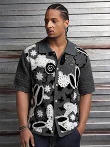 AXEPEAK Men's Drop Shoulder Short Sleeve Front Button Contrast Color Knit Sweater - Multicolor - View 5