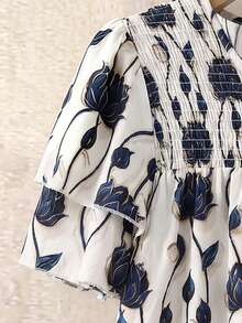 Linhara Plus Size Women's Solid Color Round Neck Double Layer Sleeve Short Casual Blouse, Pleated Fashionable Versatile Summer Holiday Ladies Tops - Blue - View 3