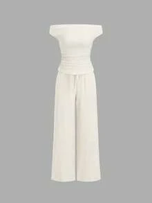 Sweetra Women's All-Match Versatile 2-Piece Set: Solid Color Open Shoulder Top & Casual Drawstring Wide-Leg Pants - Beige - View 3