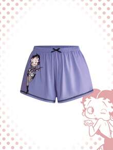 Betty Boop | ROMWE 可爱摇滚风原宿风吊带背心短裤睡衣套装，撞色滚边和蝴蝶结 - 紫色 - 查看 8