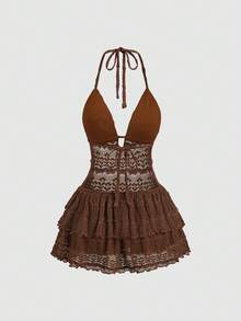 Sweetra Women's Bohemian Coffee Brown Halter Neck Dress, Spring/Summer, Brown Romper Women, Brown Sundress Beach Party Outfit For Women Women's Summer Outfits Sexy Outfits For Women - Coffee - View 2