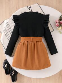 SHEIN Elladie kids 2件套青少年女孩休闲纯色长袖T恤和裙子套装 - 彩色 - 查看 2
