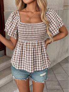 Pariaura Áo kiểu nữ casual kẻ caro tay bèo nhún cổ vuông dáng peplum - Áo babydoll tay phồng eo chun dễ thương mùa hè - Nhiều màu - Xem 3