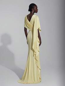 Elitara Elegant Luxurious Satin Ruffle Sleeve Decor Sexy Slit Fishtail Bridesmaid Dress - Yellow - View 2