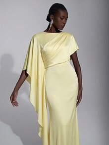 Elitara Elegant Luxurious Satin Ruffle Sleeve Decor Sexy Slit Fishtail Bridesmaid Dress - Yellow - View 7