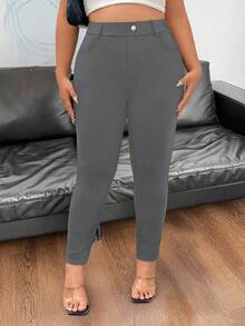 SHEIN PETITE Casual Minimalist Solid Color Elastic Waist Slim Fit Skinny Pants - Dark Grey - View 5