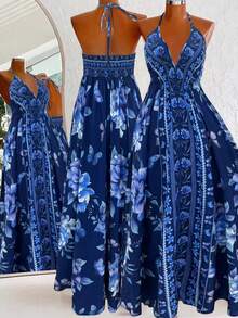 Sweetra Bohemian Style Printed Beach Slip Dress - Navy Blue - View 2