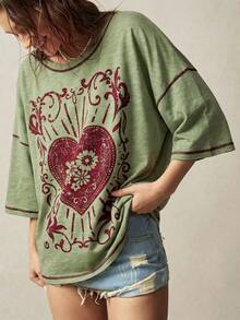 Bohemela Kaos Kasual Ukuran Besar dengan Motif Hati - Hijau Tentara - View 3