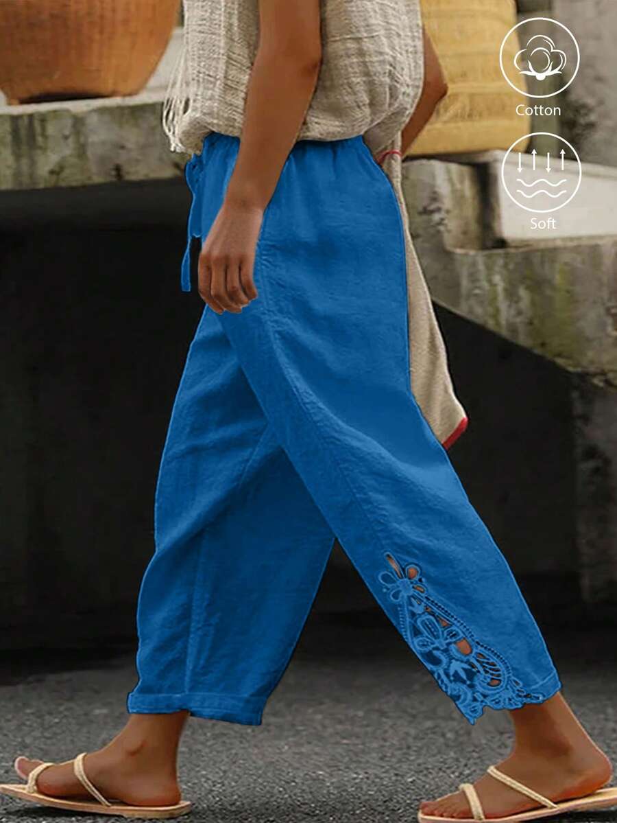 EMERY ROSE Plus Size Casual Cotton Linen Patchwork Embroidered Floral Hem Pants Fall - Blue - View 1