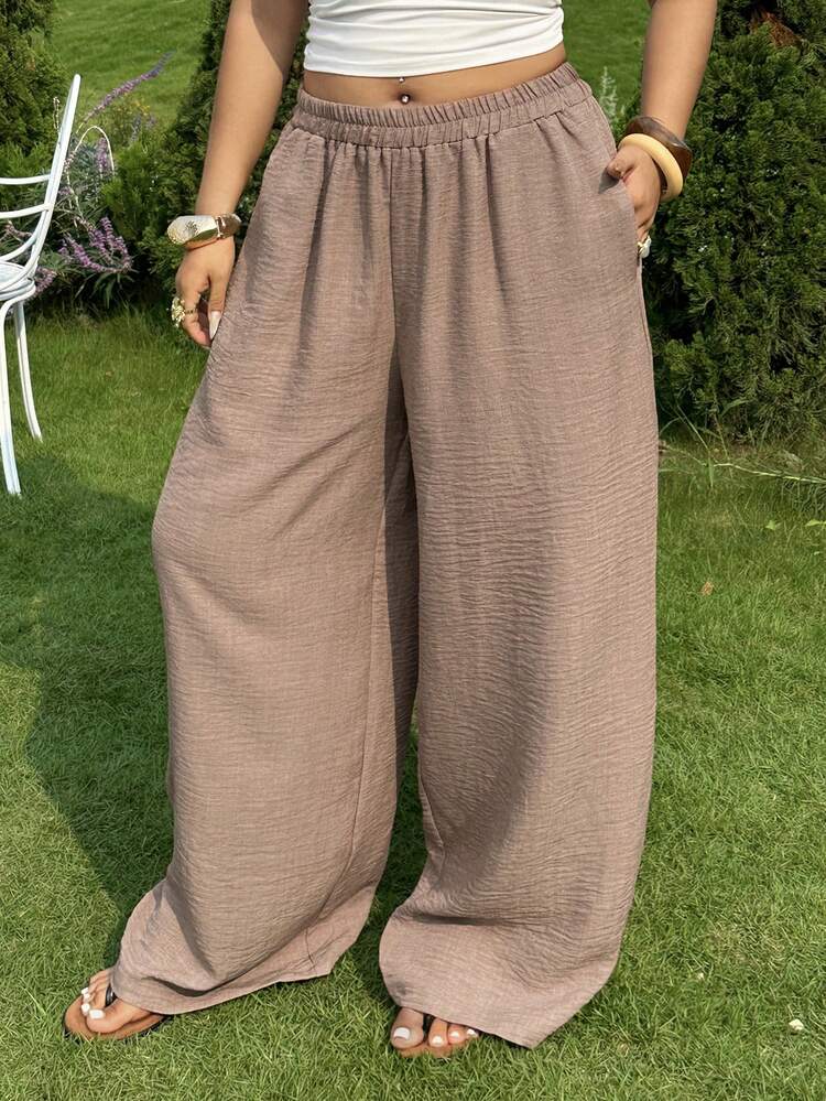 Dazy Plus Brown Elastic Waist Loose Casual Versatile Commuting Wide Leg Pants Maxi Skirt, Plus Size Women Spring/Summer