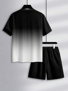 Manfinity Homme 2件組男士黑白漸層字母印花T恤與短褲套裝，夏季街頭風城市度假穿搭，復古大廓形寬鬆運動套裝 - 彩色 - 查看 2