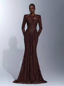 Elitara Elegant 3D Lace Round Neck Wide Shoulder Padded Sheer Long Sleeve Waist Ruched Fishtail Hem Backless Dress For Formal Weddings - Coffee Brown - View 4