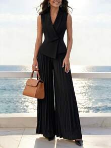 Elenzga Chaqueta de blazer negro elegante de oficina con diseño de solapa + Pantalones anchos de pierna plisada negros elegantes de oficina, primavera/verano - Negro - Ver 7