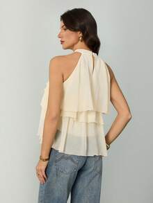 SHEIN Tall Women's Solid Color Ruffled Halter Casual Versatile Date Outing Shirt, Tall Women - Beige - View 2